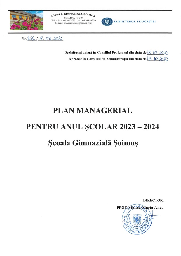 Plan managerial anul școlar 20232024 Scoala Soimus
