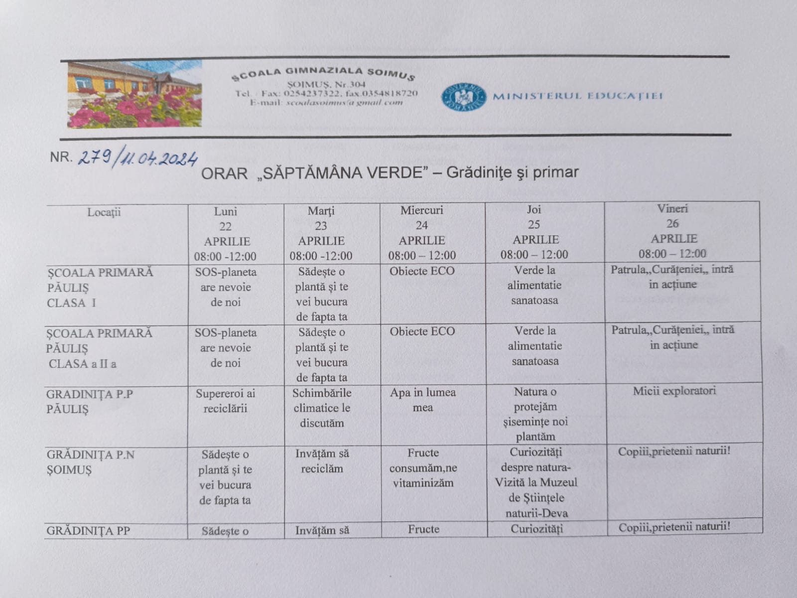 Orar Săptămâna verde